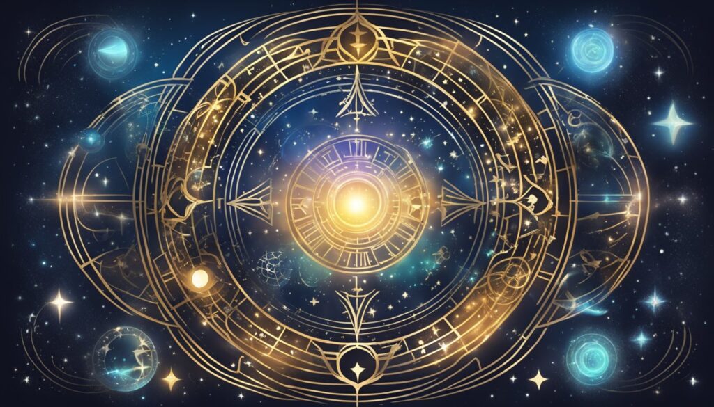 Mystical astrological symbols with zodiac in celestial background.