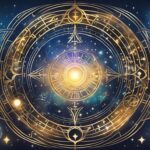 Mystical astrological symbols with zodiac in celestial background.