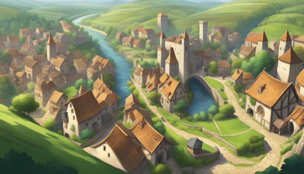 Idyllic medieval village by river landscape illustration