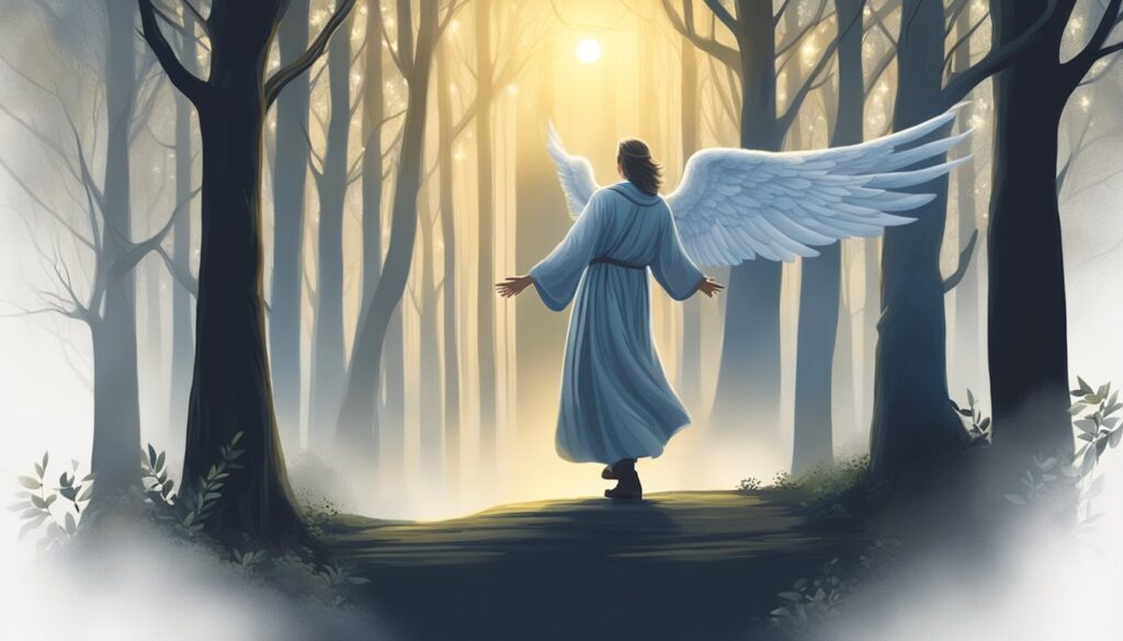 Angel walking in mystical sunlit forest.