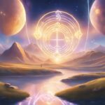 Fantasy landscape with floating planets and magical runes.