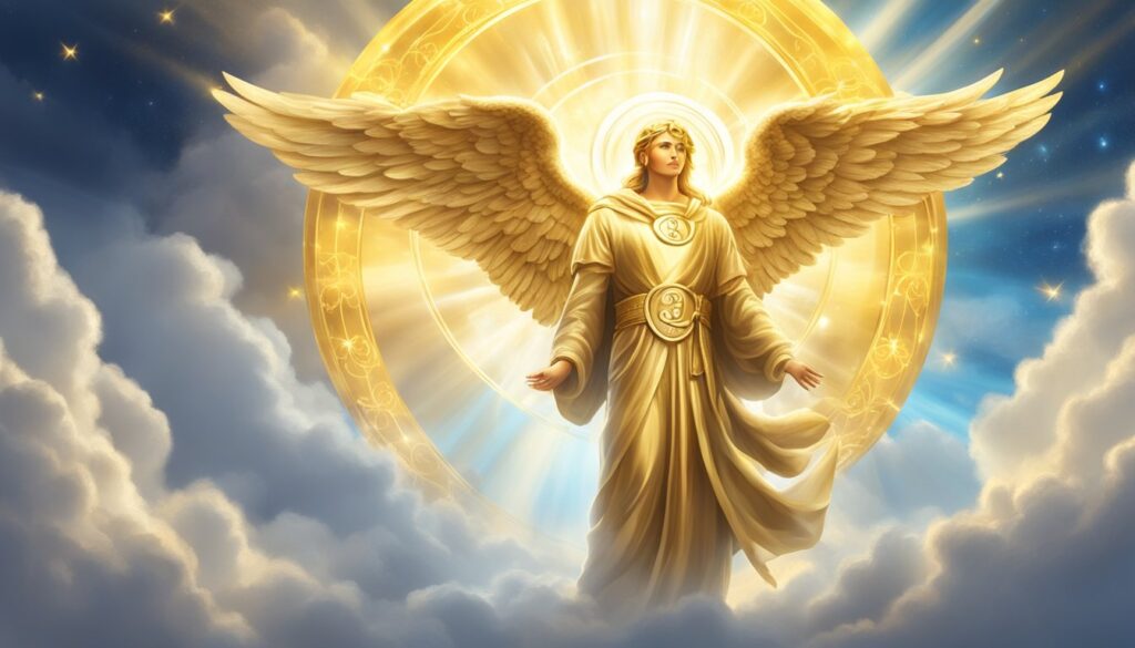 Illuminated angelic figure with golden wings and halo.