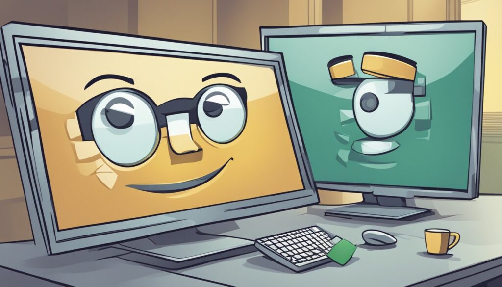 Animated computers with faces on a desk.