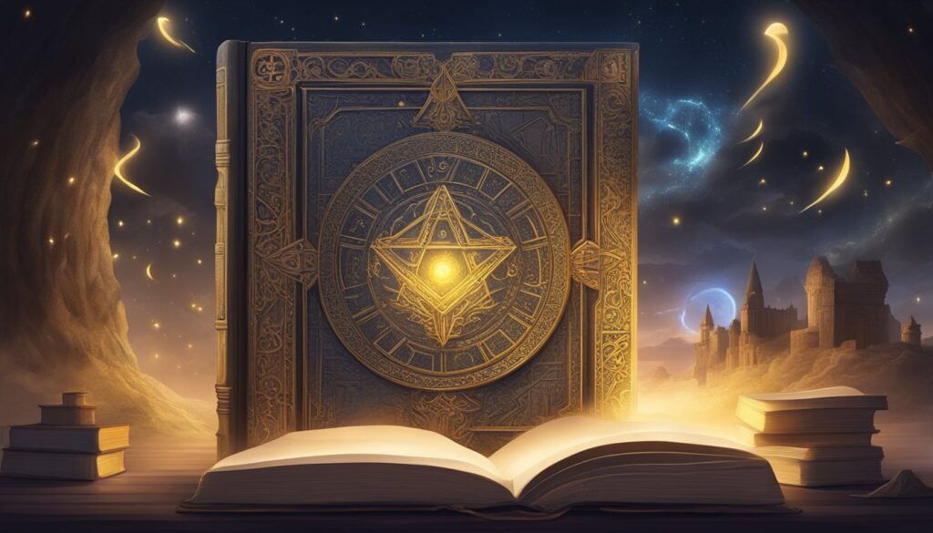 Enchanted book with glowing symbols under starry sky.