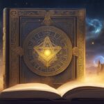 Enchanted book with glowing symbols under starry sky.