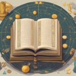 Illustrated ancient astronomy tools and open celestial atlas.
