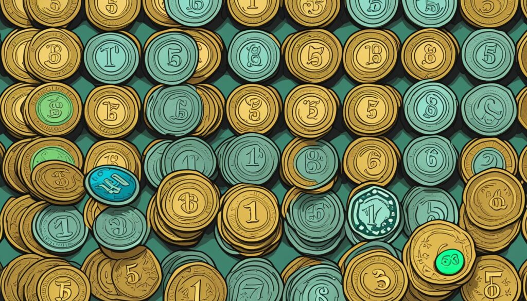 Stacked colorful cartoon coins with numbers.