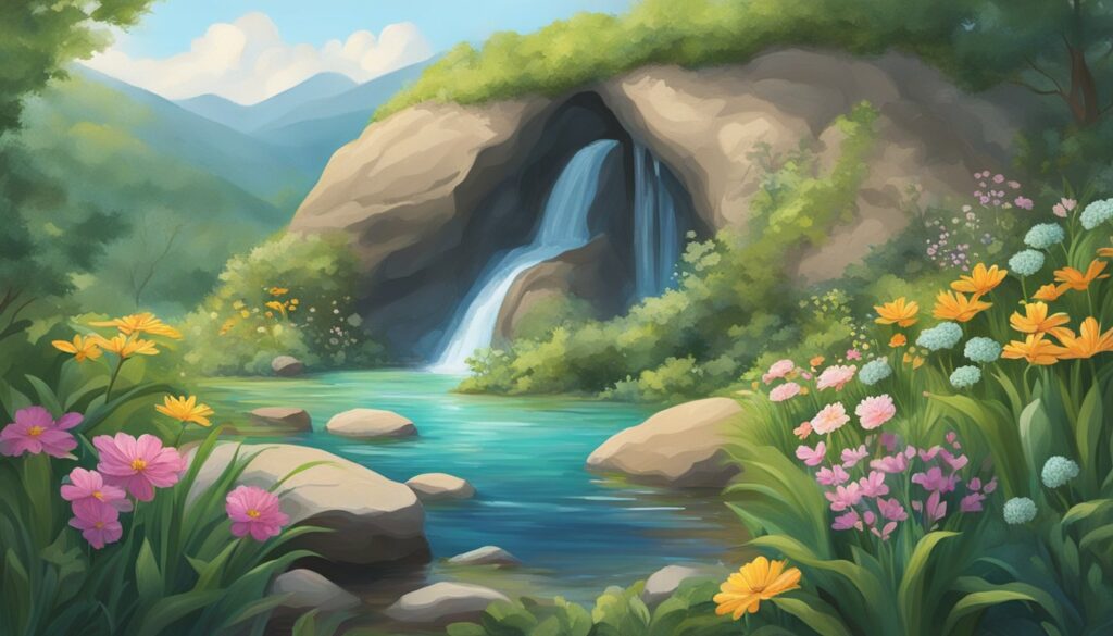 Illustration of tranquil waterfall with colorful wildflowers.