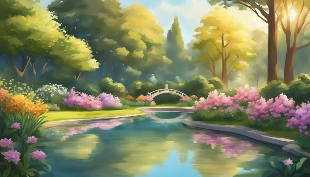 Serene garden scene with bridge and blooming flowers.