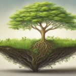 Floating island with tree and visible roots illustration.