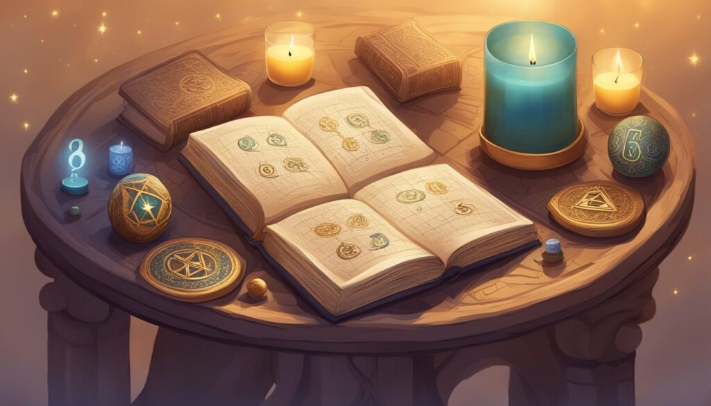Mystical spell books and candles on wooden table.
