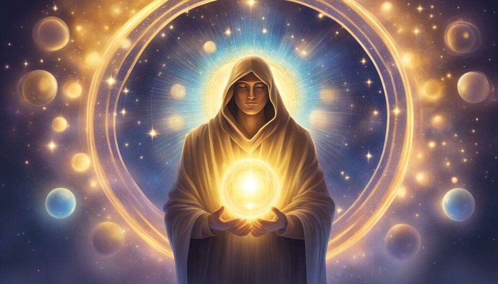 Mystical figure holding glowing orb, cosmic background.