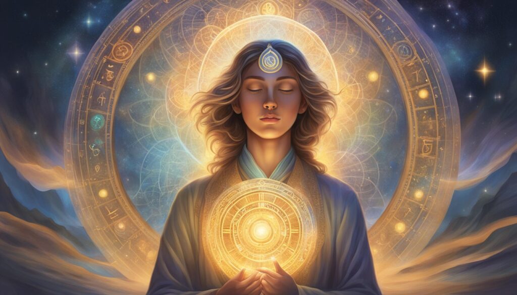Mystical woman with zodiac wheel and cosmic background.