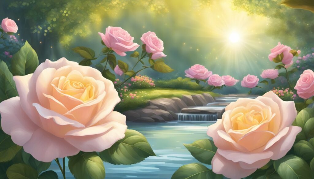Enchanted garden scene with blooming pink roses at sunrise.
