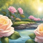Enchanted garden scene with blooming pink roses at sunrise.