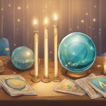 Mystical crystal balls, tarot cards, and candles on table.