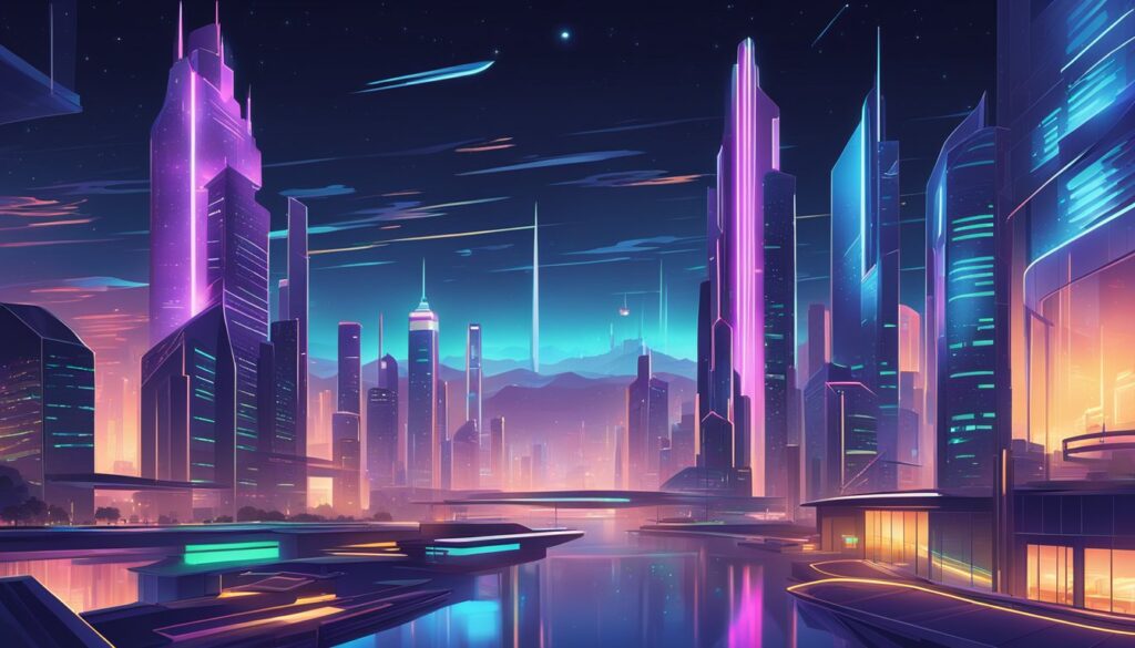 Futuristic cityscape illustration with neon lights at twilight.
