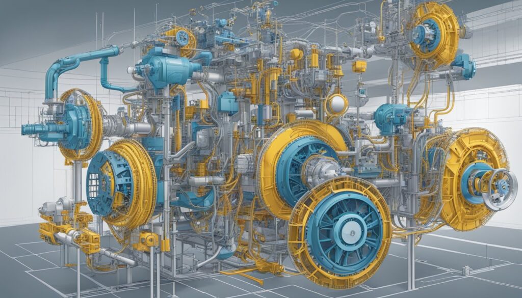 Complex industrial machinery CAD rendering.