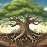 Illustration of tree with extensive roots and mountain background.