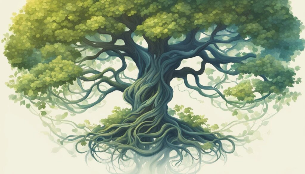 Illustration of a stylized verdant tree with intertwined roots.