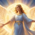 Illustration of an angel with wings against a radiant sky.