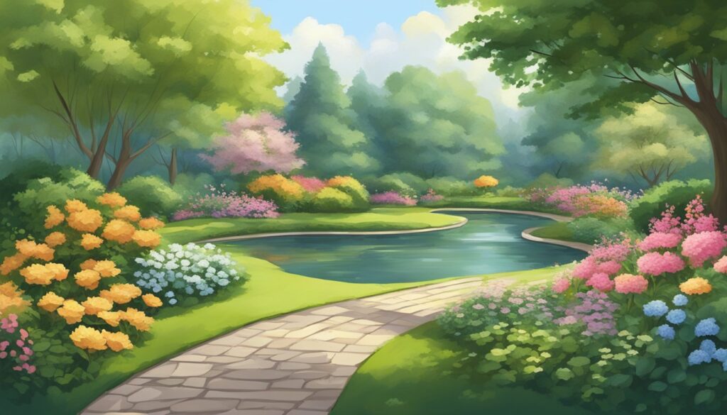 Colorful garden pathway illustration with blooming flowers.