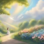 Woman walking in serene, sunlit floral landscape