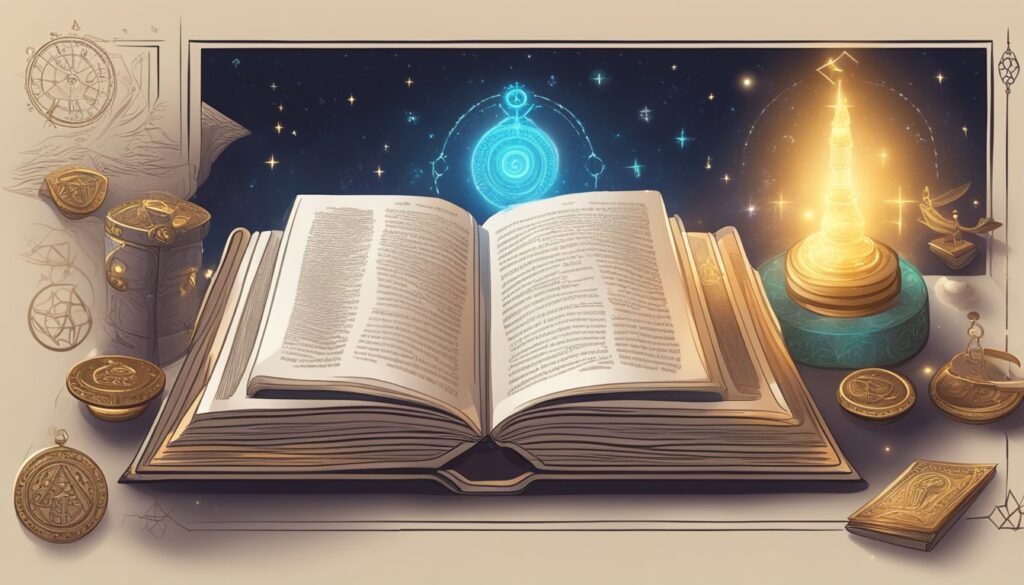 Magical book with astral illustrations and glowing artifacts.
