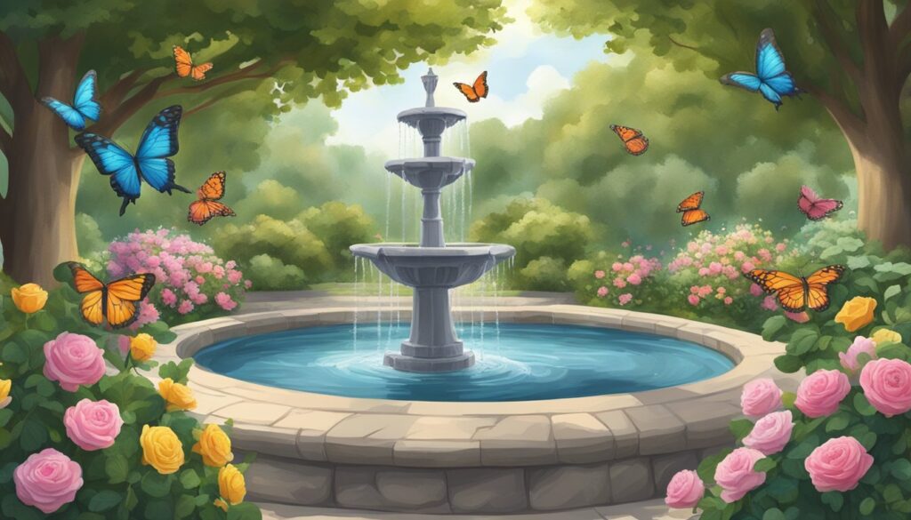 Garden fountain surrounded by flowers and colorful butterflies.