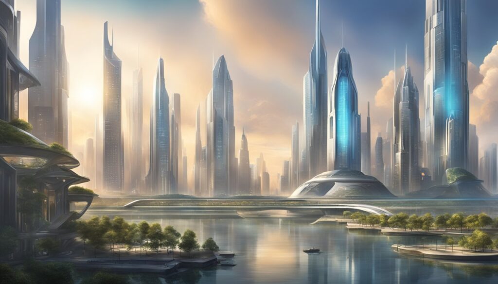 Futuristic cityscape with skyscrapers and waterfront.