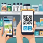 Scanning QR code with smartphone at grocery store.