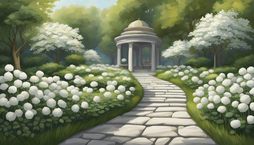 Pathway to gazebo surrounded by hydrangeas in tranquil garden.