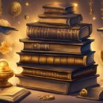 Enchanted books, magical artifacts, and glowing candles illustration.