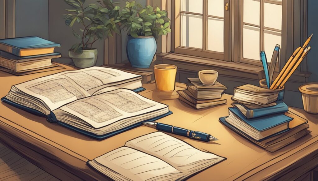 Cozy study desk with books, pencils, and coffee cups.