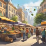 Sunny outdoor market street with fresh produce stalls.