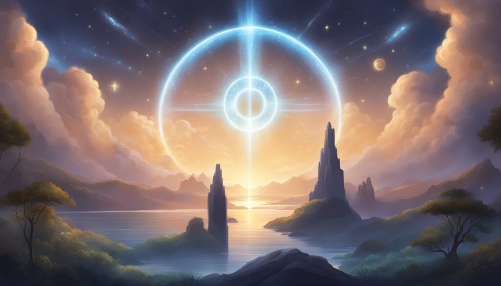 Mystical landscape with glowing celestial rings over water.