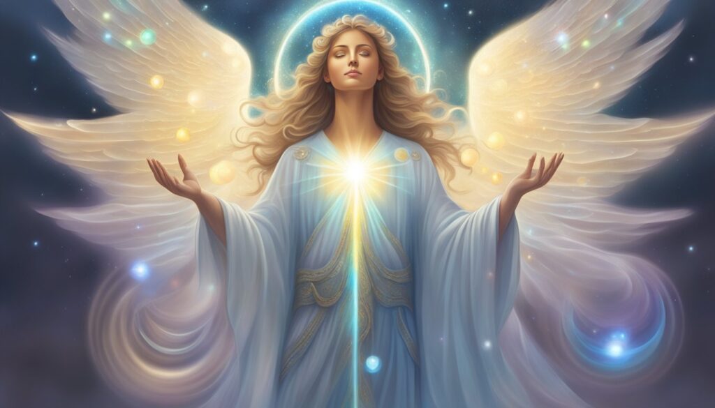 Illustration of an angelic figure with glowing wings.
