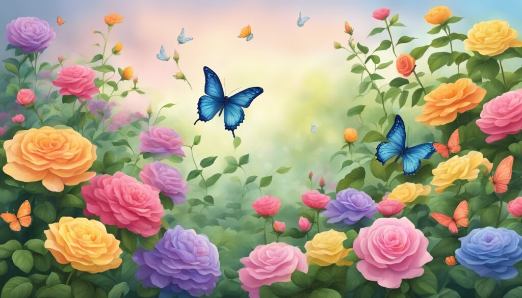 Colorful garden with butterflies and blooming roses.