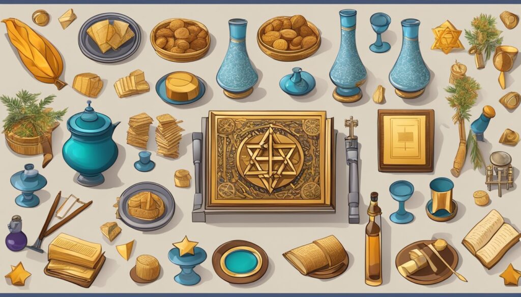 Illustration of assorted ancient artifacts and scroll items.
