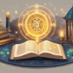 Magical books, compass, candles, and astronomy symbols illustration.