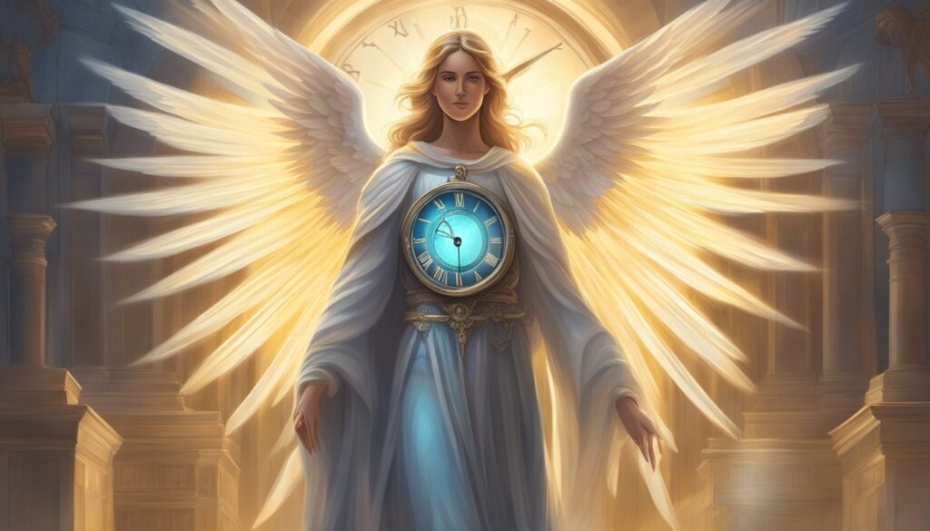 Angel with clock artwork, mythical and time concept.
