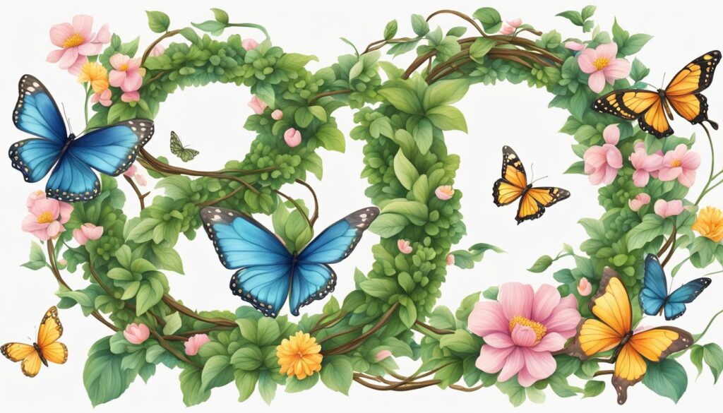 Floral wreath with colorful butterflies illustration.