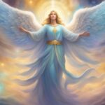 Illustration of ethereal angel with outstretched wings.