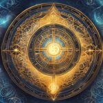 Mystical astrological symbols with golden ornate zodiac wheel