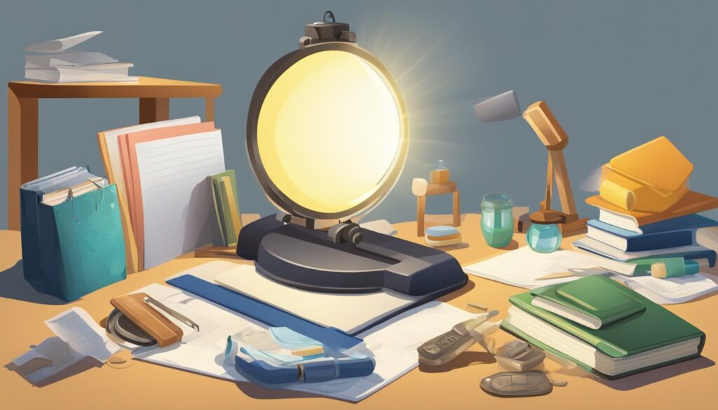 Illustration of a vintage study desk with books and lamp.