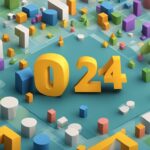 Colorful 3D numbers and shapes on grid.