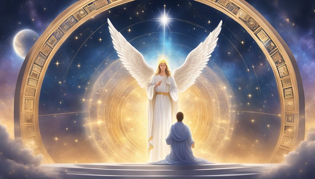 Celestial being with wings in heavenly illustrated scene.