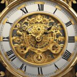 Ornate golden clock face with Roman numerals.