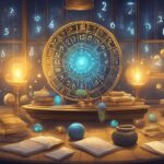 Mystical astrology library with zodiac wheel and glowing orbs.