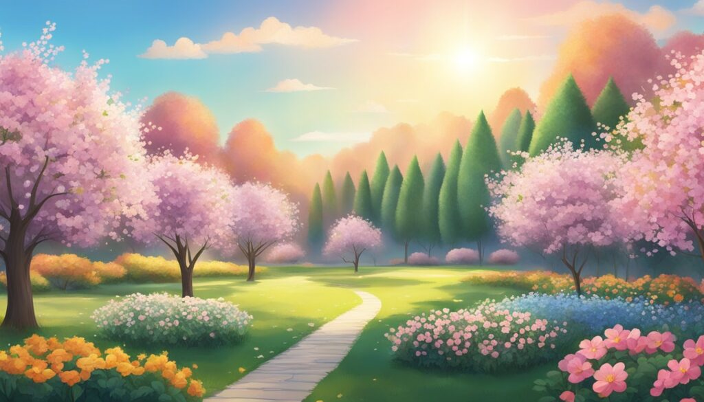 Sunlit path through vibrant spring blossom landscape.